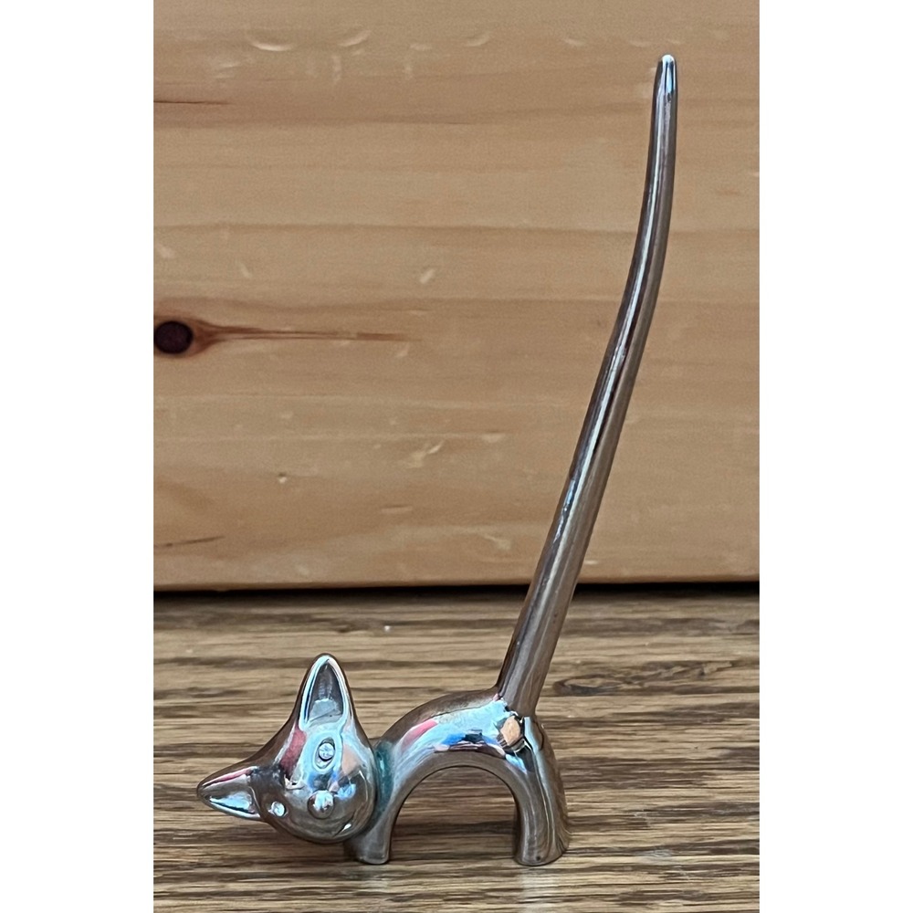 Silver Cat Ring Holder Long Tail Jewelry Stand Rhinestone Eyes Feline Figurine